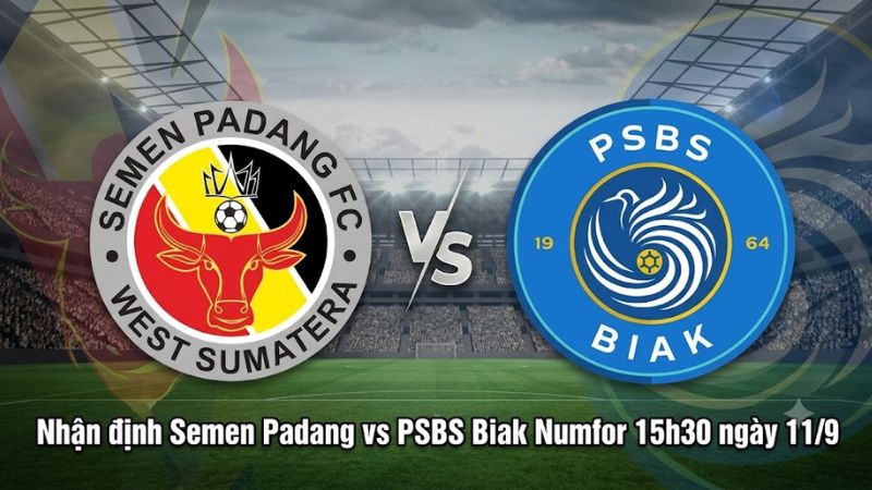 Banner đồ họa trận đấu Nhận định Semen Padang vs PSBS Biak Numfor 15h30 ngày 11/9 với logo hai đội đối đầu trực diện