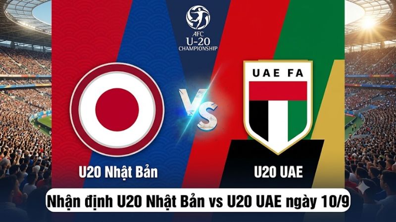 Banner thiết kế đối đầu cho bài Nhận định U20 Nhật Bản vs U20 UAE ngày 10/9 với logo hai đội và thông tin trận đấu.